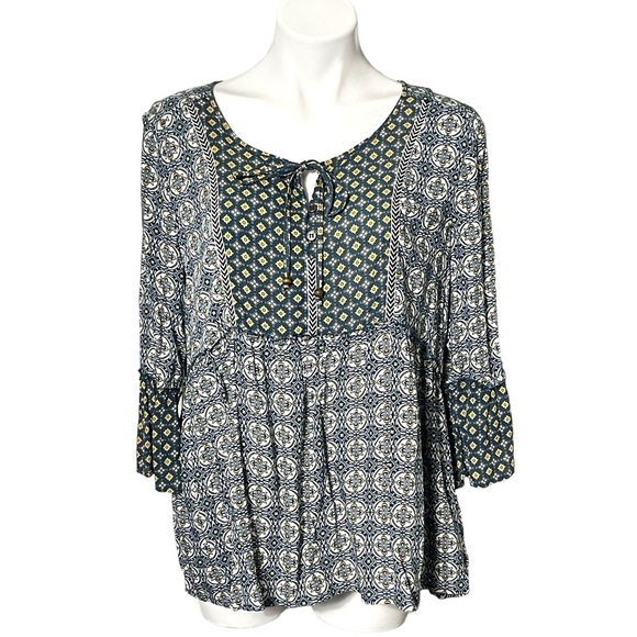 Tantrums Tops - Tantrums Boho Pleasant Blouse Size Large Navy/Yellow